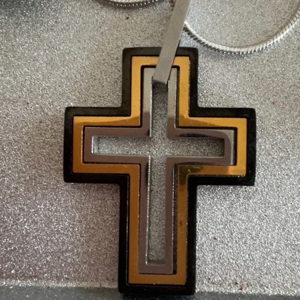 Sterling Silver Snake Chain Necklace Tri-Color Cross Pendant